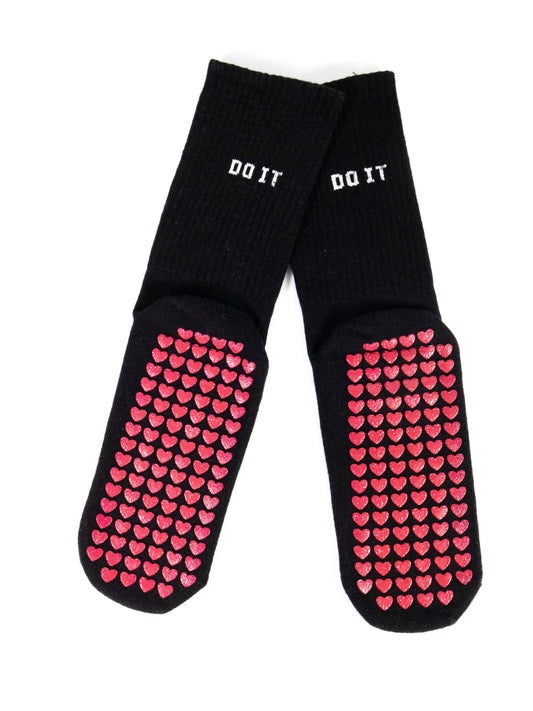Anti-Slip Pilates & Yoga Crew Socks with Red Heart Silicone Grip – Black (Unisex)