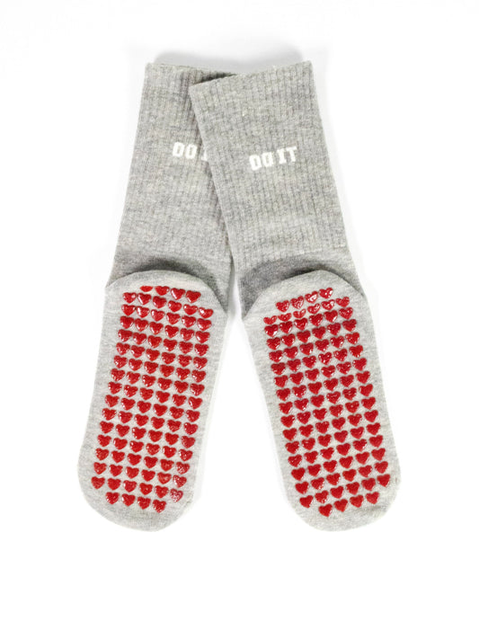 Anti-Slip Pilates & Yoga Crew Socks with Red Heart Silicone Grip – Grey (Unisex)