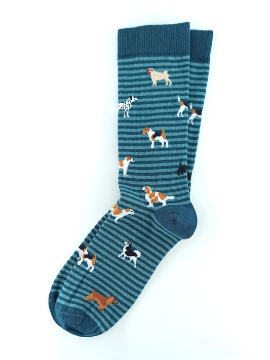 Blue socks with colorful stripes and playful dog illustrations – fun and cozy pet-themed socks.