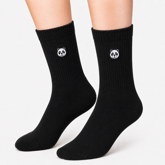 Black Sports Socks with Embroided Panda Icon (Unisex)