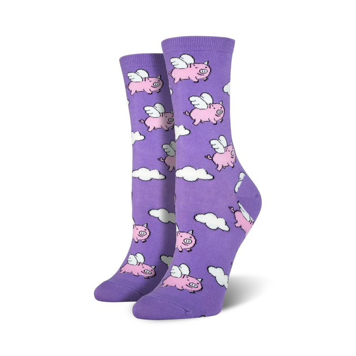 Flying Pigs on Purple Socks – Fun Novelty Crew Socks (Unisex)
