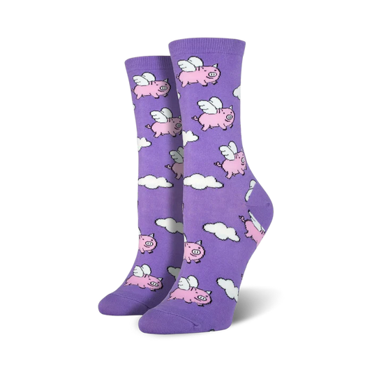 Flying Pigs on Purple Socks – Fun Novelty Crew Socks (Unisex)