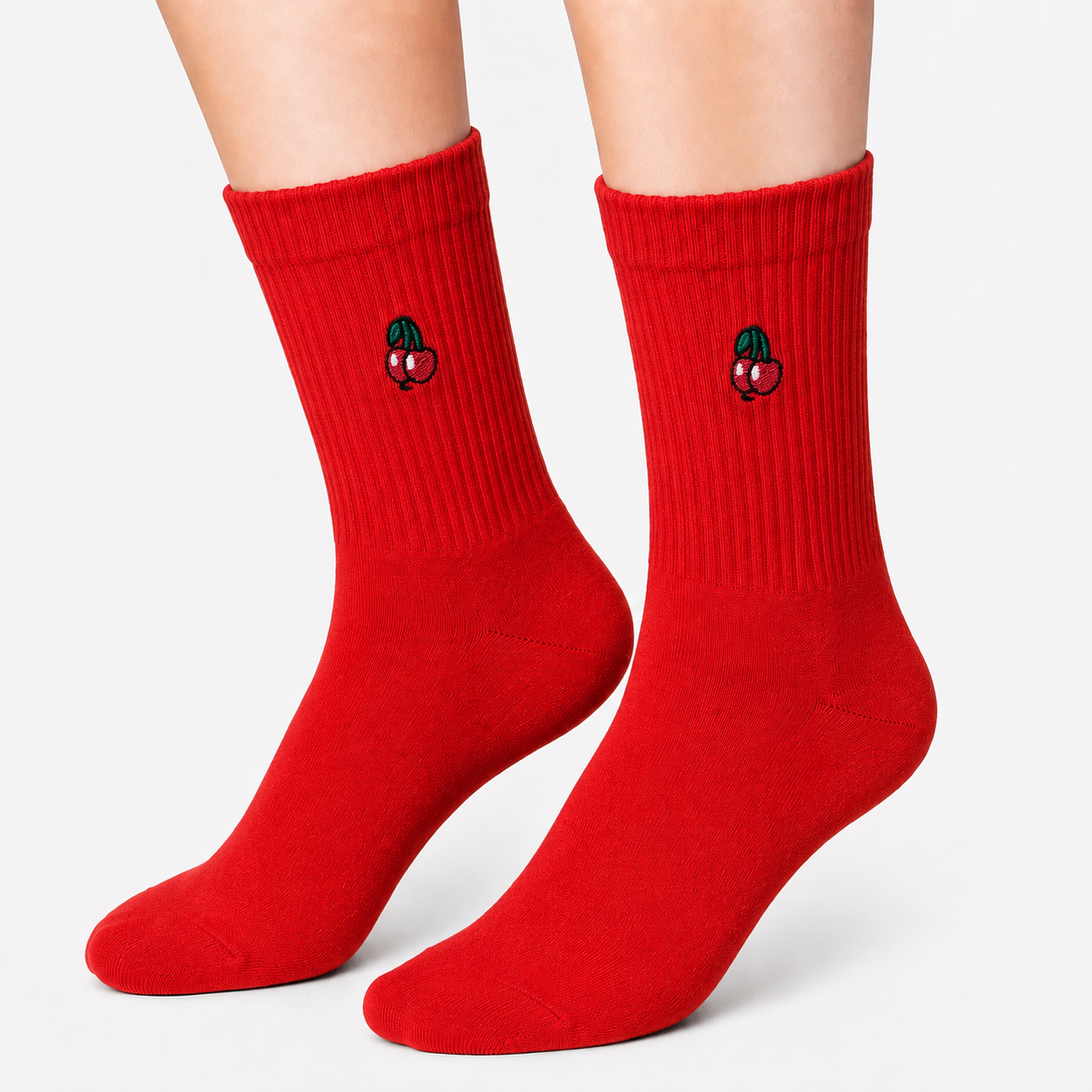 Red Sports Socks with Embroidered Cerry Icon (Unisex)