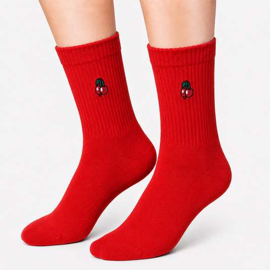 Red Sports Socks with Embroidered Cerry Icon (Unisex)