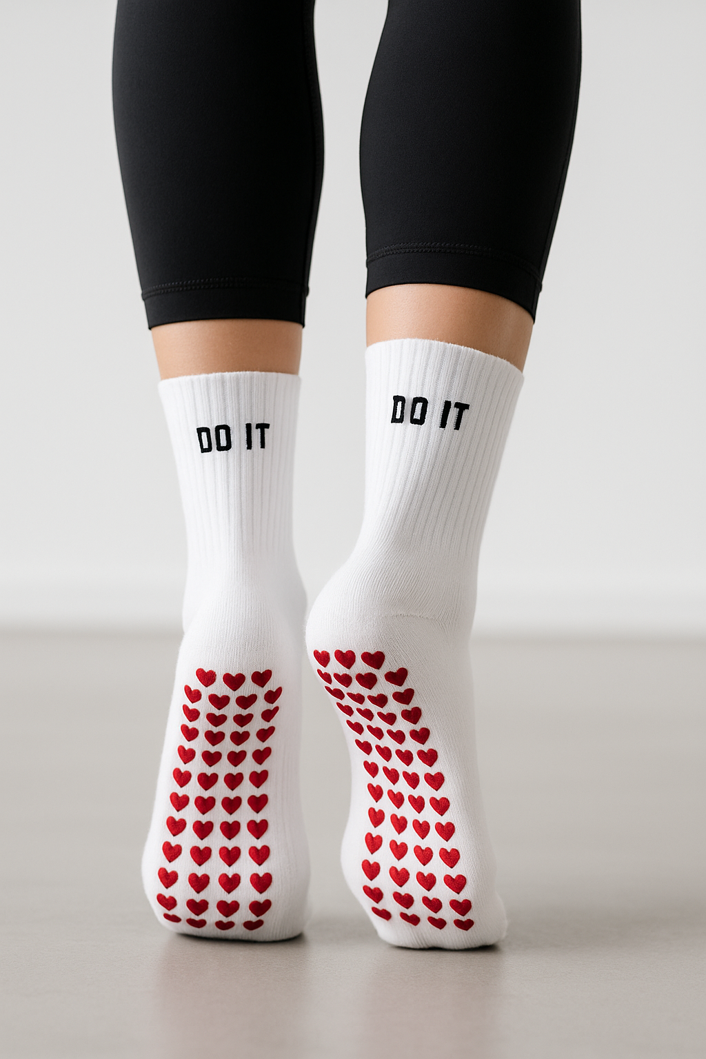 Anti-Slip Pilates & Yoga Crew Socks with Red Heart Silicone Grip – White (Unisex)
