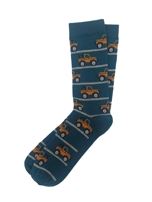 4x4 yellow truck socks with grey stripes on a greenish background, men’s fashion socks.