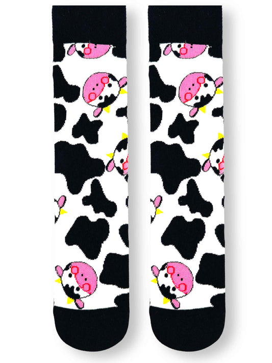 Cow print socks with cow faces, black and white farm-themed design.