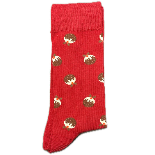 Red men’s socks with acorn design, soft, stylish, and comfortable for everyday wear.