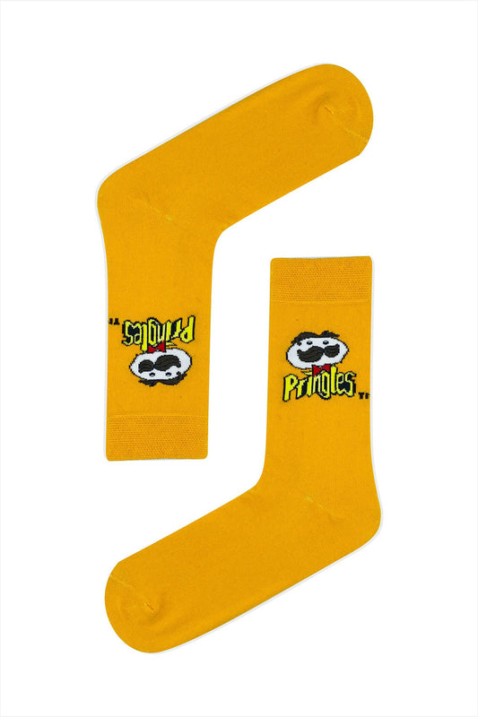 Orange socks with the Pringles logo, fun and snack-themed design for chip lovers.
