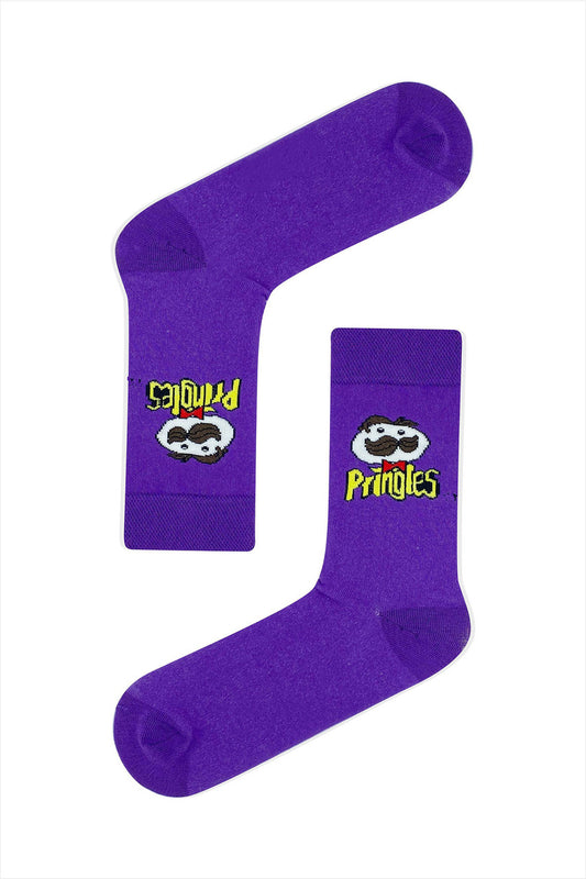 Purple socks with the Pringles logo, fun and snack-themed design for chip lovers.