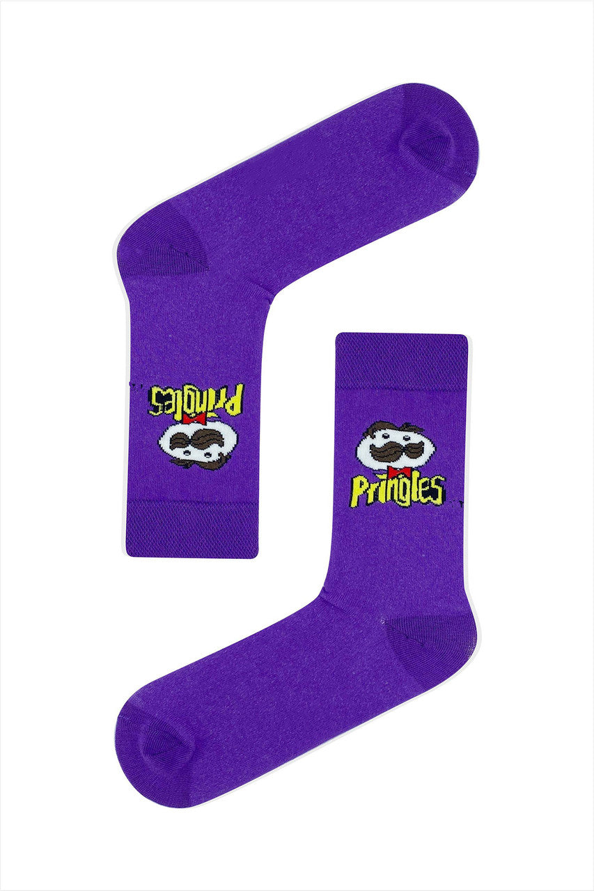 Purple socks with the Pringles logo, fun and snack-themed design for chip lovers.