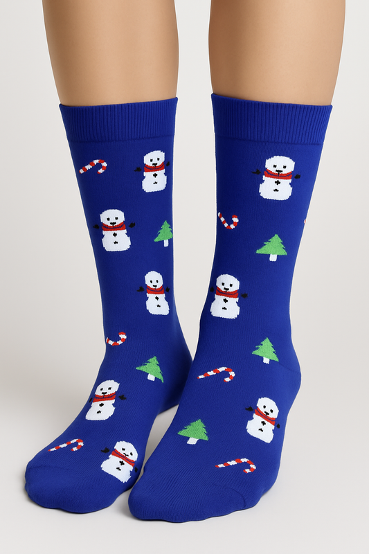 Blue Snowman & Candy Cane Socks – Festive Christmas Crew Socks (Unisex)