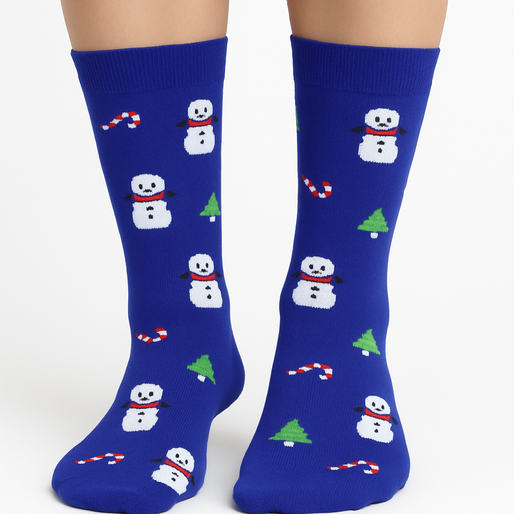 Blue Snowman & Candy Cane Socks – Festive Christmas Crew Socks (Unisex)