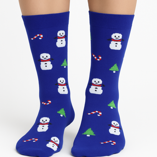 Blue Snowman & Candy Cane Socks – Festive Christmas Crew Socks (Unisex)