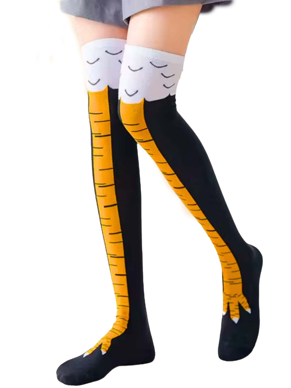 Funny knee-high socks designed to look like real chicken legs, perfect for laughs and costumes.