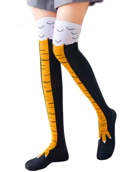 Funny knee-high socks designed to look like real chicken legs, perfect for laughs and costumes.