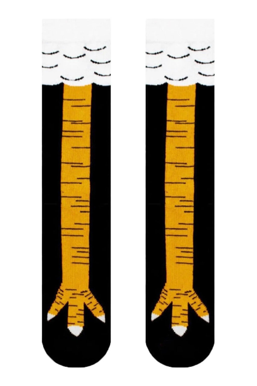 Funny knee-high socks designed to look like real chicken legs, perfect for laughs and costumes.