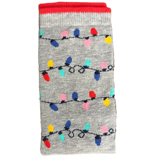Grey women’s socks featuring a colorful Christmas lights design, festive and cheerful holiday style.