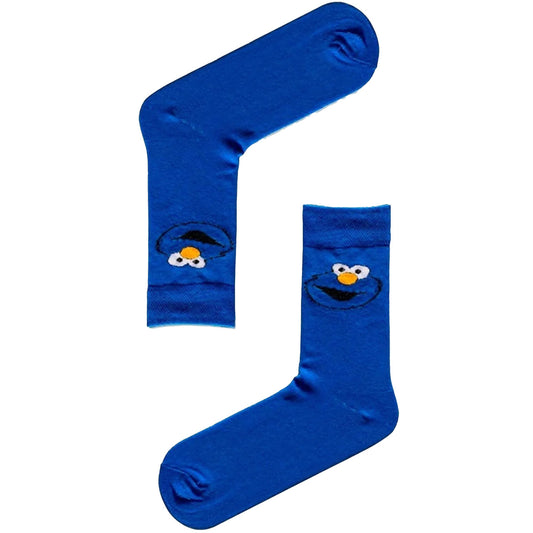 Bright blue socks featuring Cookie Monster, fun and playful design.