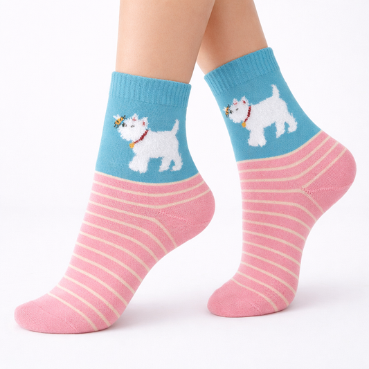 Blue & Pink Fuzzy Dog & Bee Socks (Women’s)