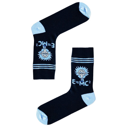 Socks featuring Albert Einstein’s face and E=MC² equation, science-themed design.