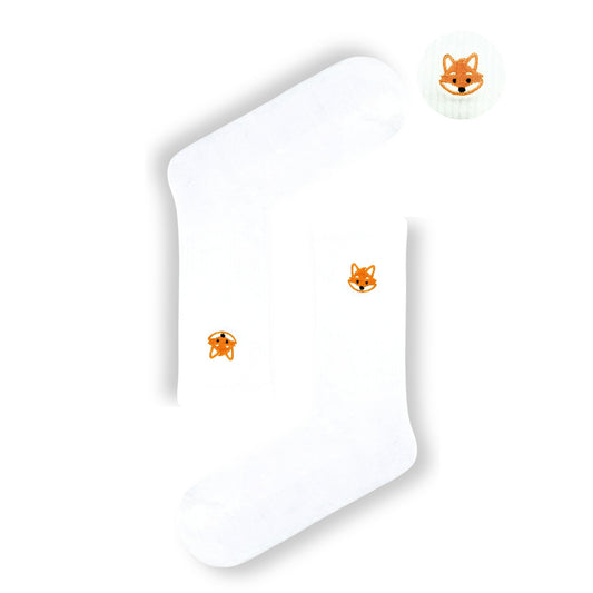 White Sports Socks with Embroidered Fox Head – Classic Crew Socks (Unisex)