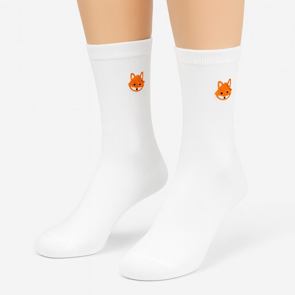 White Sports Socks with Embroidered Fox Head – Classic Crew Socks (Unisex)