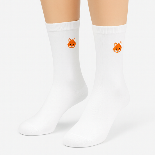 White Sports Socks with Embroidered Fox Head – Classic Crew Socks (Unisex)
