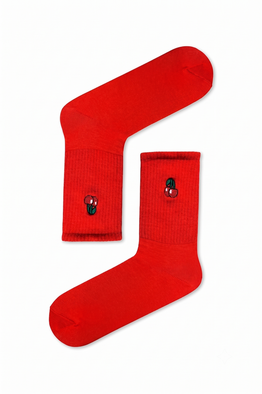 Red Sports Socks with Embroidered Cerry Icon (Unisex)