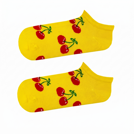 Short Cherry Patterned Yellow Ankle Socks (Women’s)