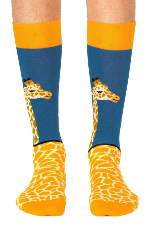 Yellow and blue unisex socks with cartoon giraffes, fun animal-themed socks.