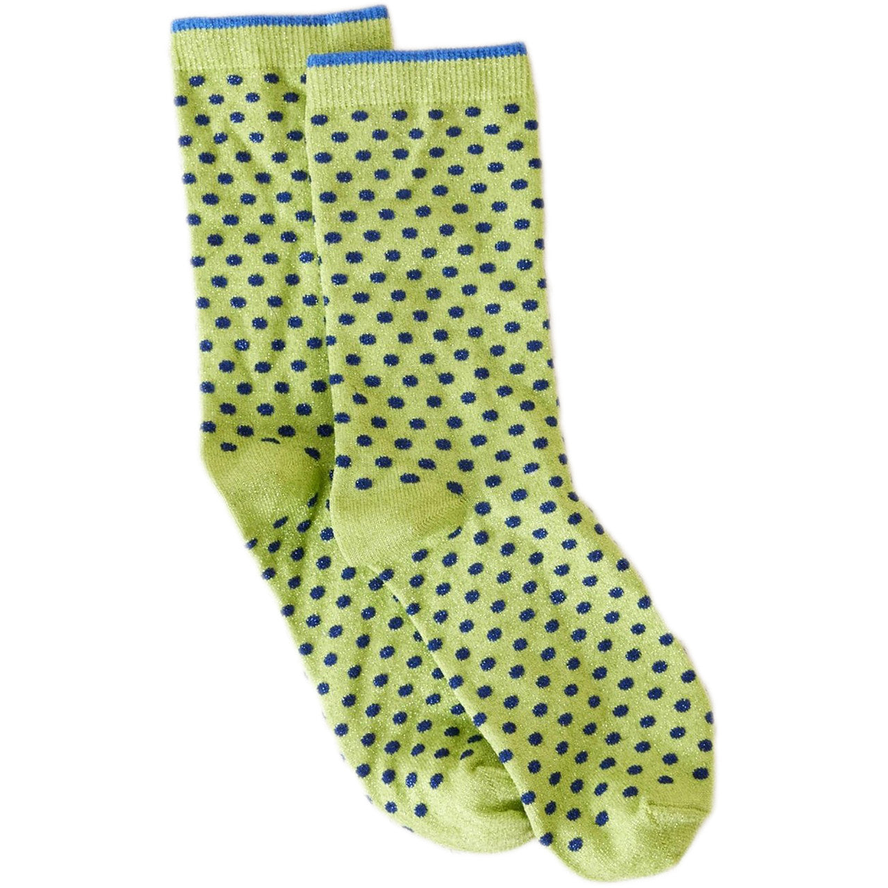Women’s green socks with blue polka dots in a stylish and playful design.