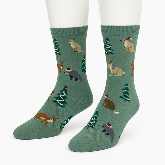Green Forest Animal Socks – Fox, Rabbit & Christmas Trees (Unisex Holiday Crew Socks)
