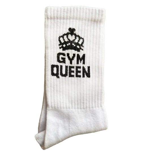 White sport socks with “Gym Queen” text and a crown design, perfect for fitness and workouts.