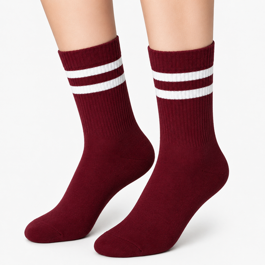 Classic Athletic Burgundy Sports Socks with White Stripes (Unisex)