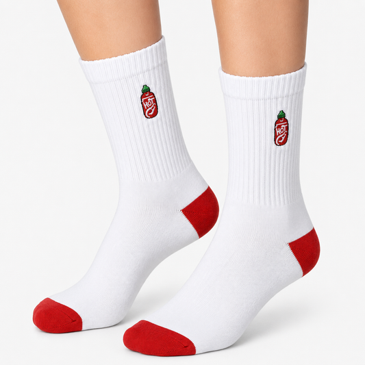 White Sports Socks with Embroidered Sriracha Icon (Unisex)