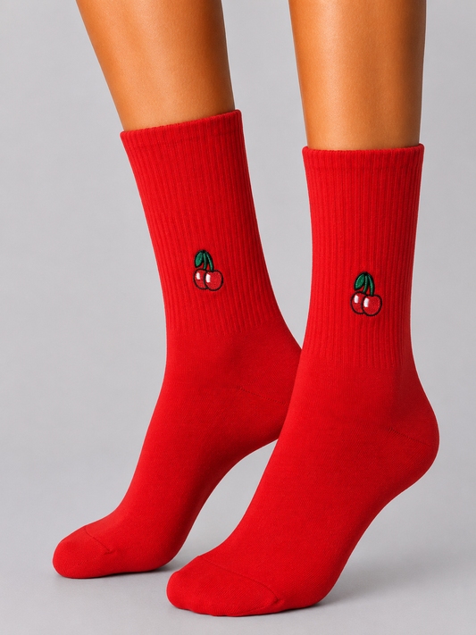 Red Sports Socks with Embroidered Cerry Icon (Unisex)