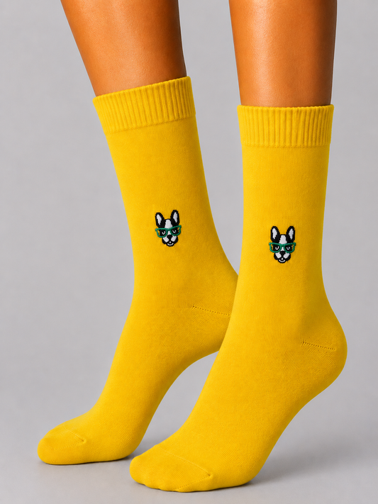 Yellow Sports Socks with Embroidered Cool Dog Icon (Unisex)