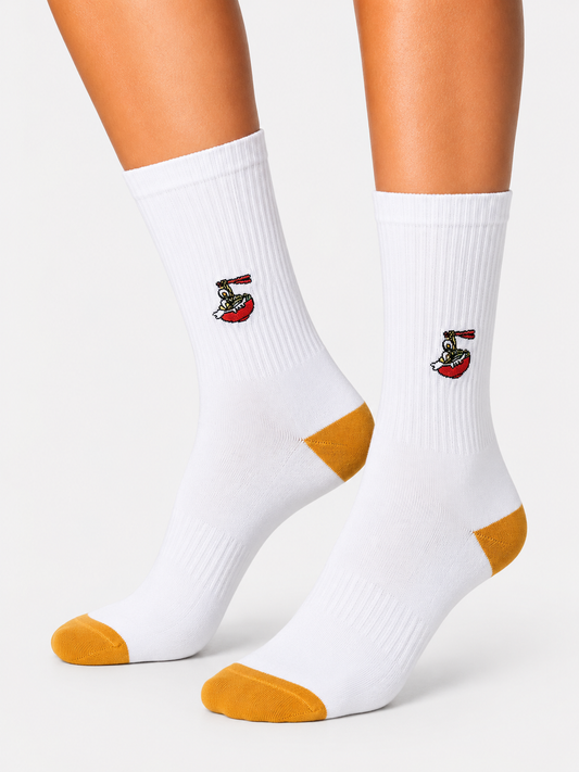 White Sports Socks with Embroidered Ramen Icon (Unisex)