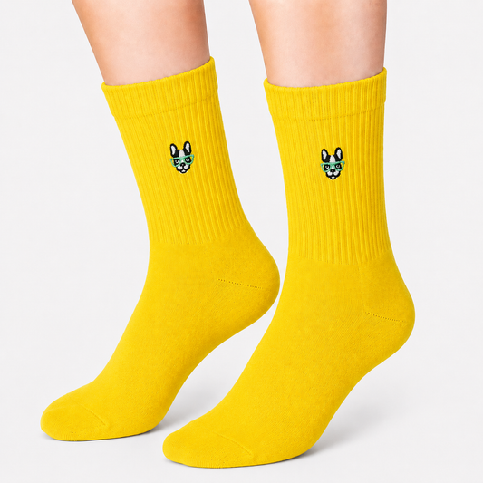 Yellow Sports Socks with Embroidered Cool Dog Icon (Unisex)