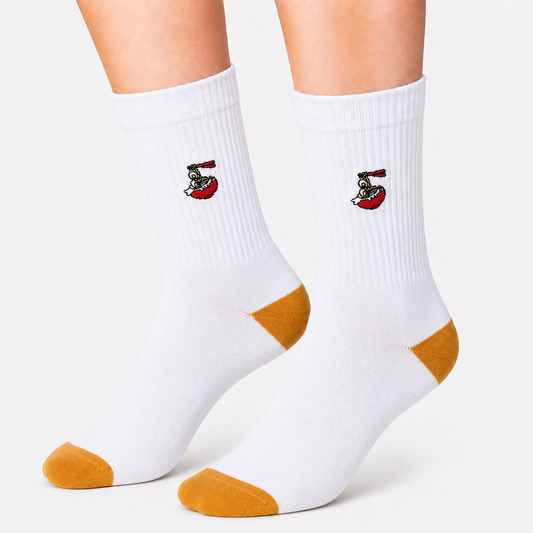 White Sports Socks with Embroidered Ramen Icon (Unisex)