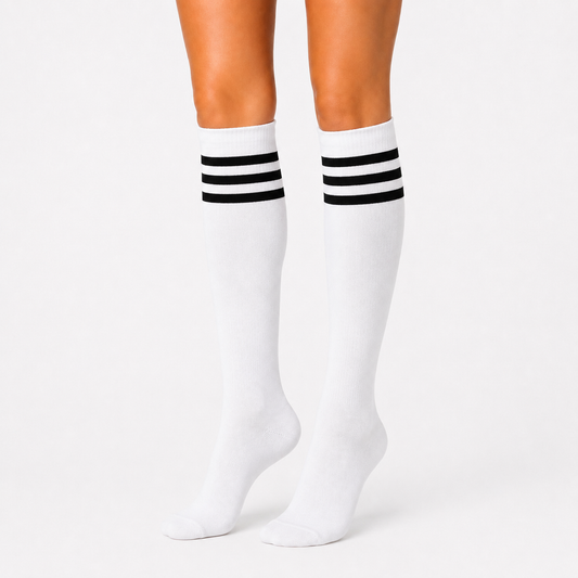 White Knee-High Socks with Black Stripes (Unisex)
