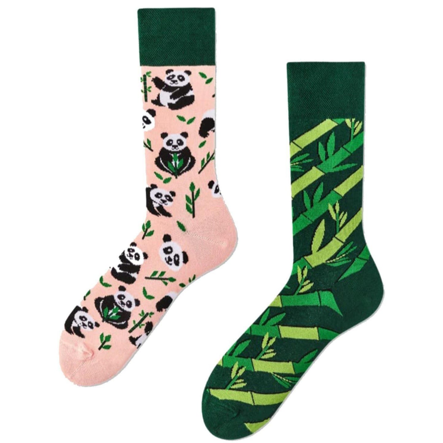 Mismatched Panda & Leaves Socks – Pink and Green Fun Crew Socks (Unisex)