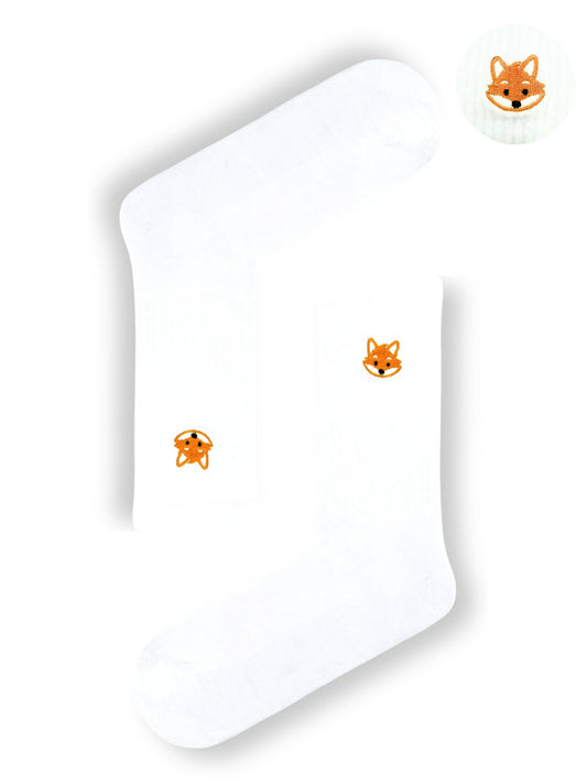 White Sports Socks with Embroidered Fox Head – Classic Crew Socks (Unisex)