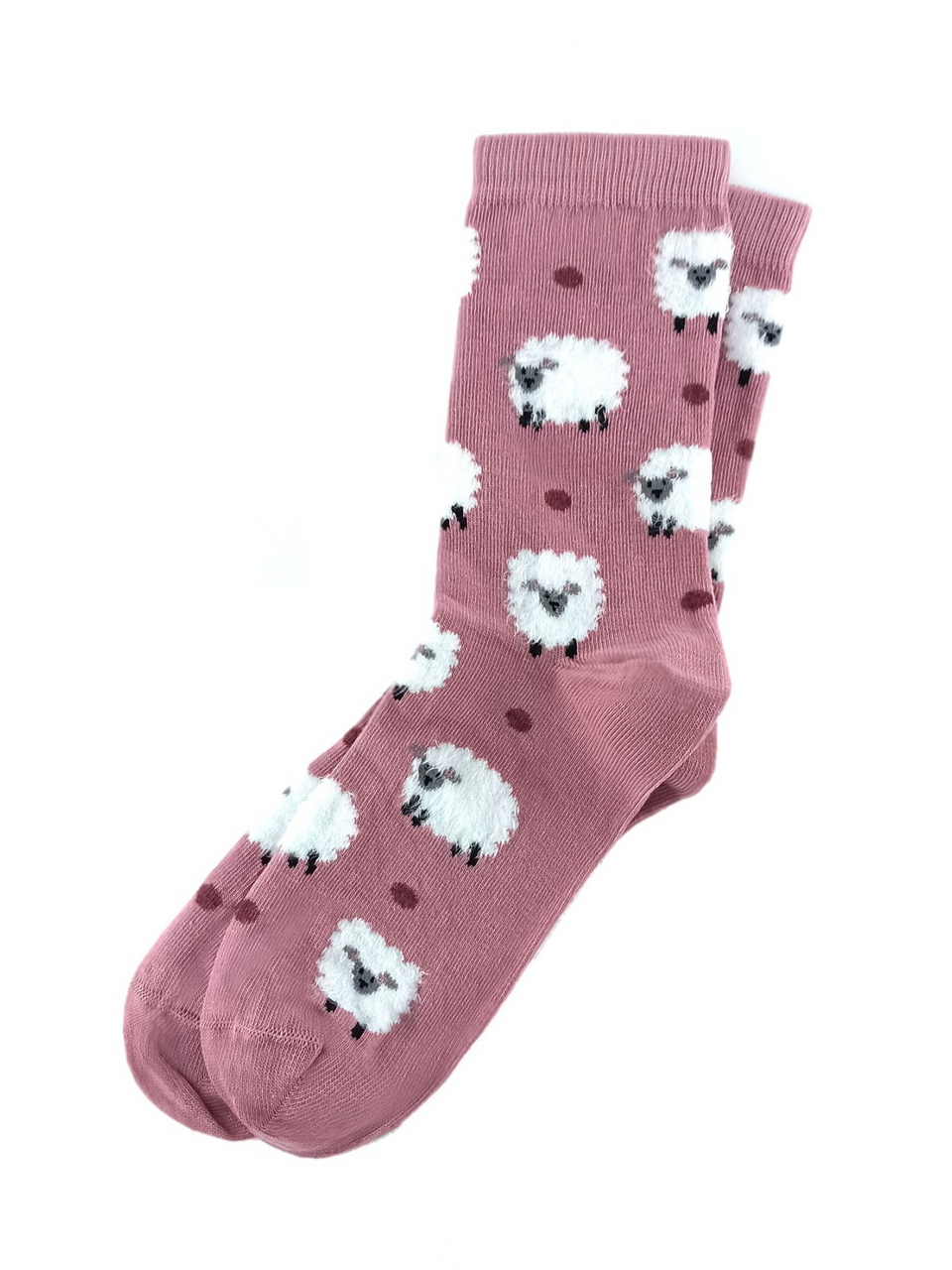 Pink women’s socks featuring cute sheep and dotted patterns in a whimsical design.