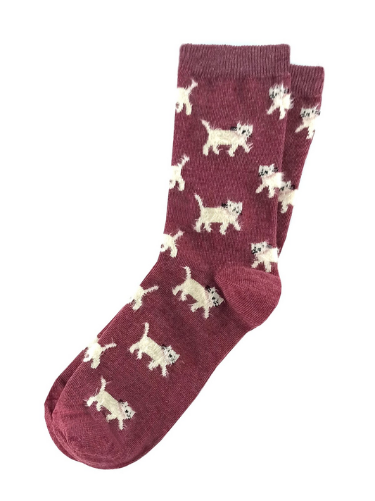 Women’s maroon socks featuring fuzzy cat designs in a playful and cozy style.