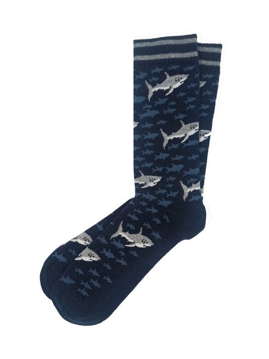Men’s dark blue socks featuring a shark design in a bold and adventurous style.