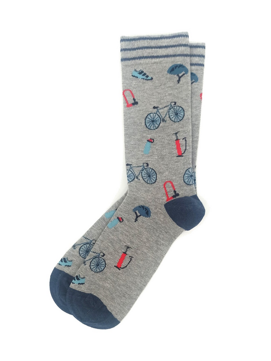 Men’s grey socks featuring a bicycle, helmet, wheel pump, water bottle, and cycling shoes in a cycling gear-themed design.