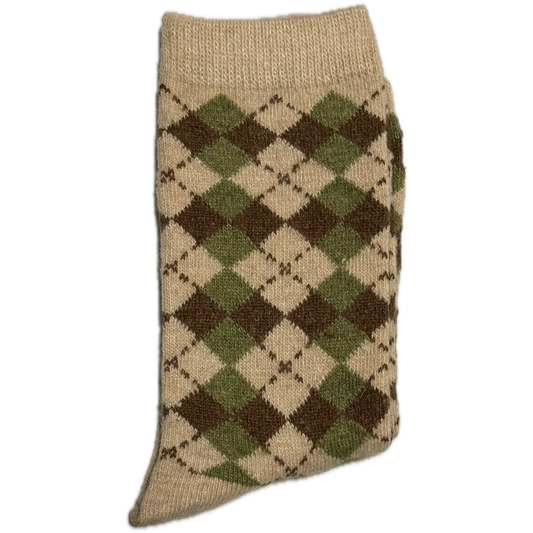 Beige Wool & Angora women’s socks with green diamond design, warm, cozy, and elegant for winter.