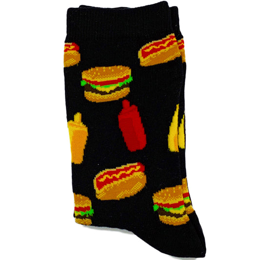 Socks featuring a fun pattern of burgers, hot dogs, and fries, perfect for fast food lovers.